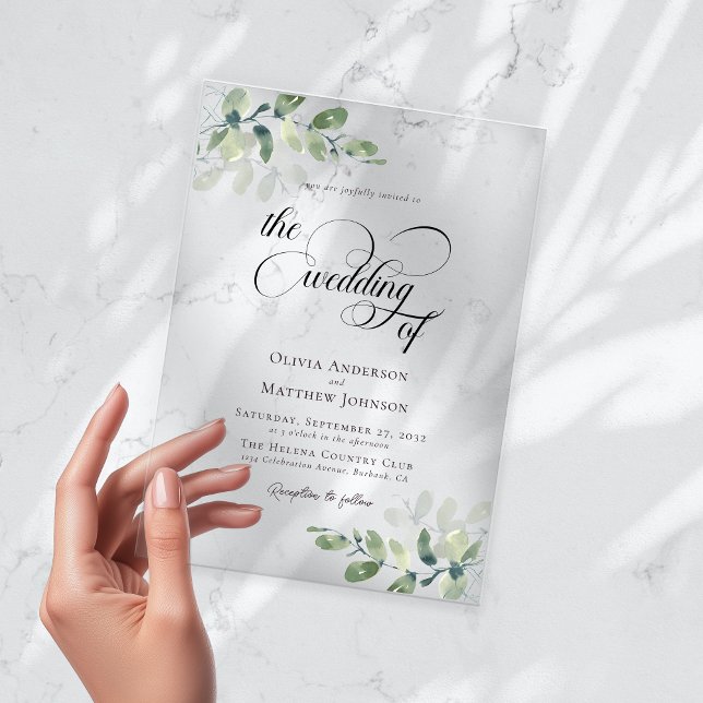 Invitations En Acrylique Mariage de script de calligraphie Eucalyptus (Créateur téléchargé)