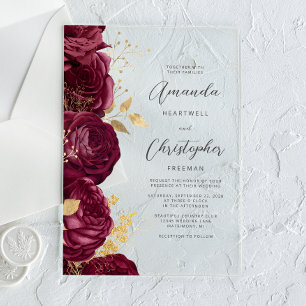 Invitations En Acrylique Mariage de script Floral Or Bourgogne