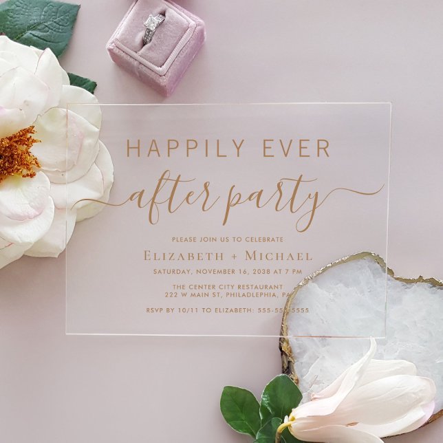 Invitations En Acrylique Mariage de script or chic après la fête (Celebrate your Happily Ever After in style with our elegant acrylic wedding reception invitations)
