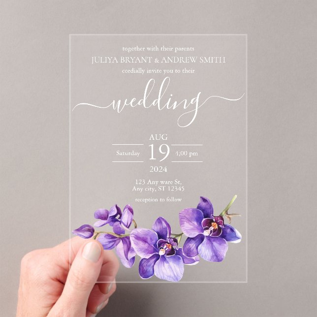 Invitations En Acrylique Mariage de script orchidée violet (In situ (ordinateur de poche))