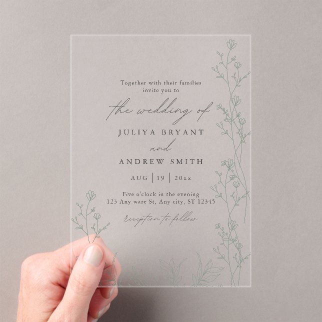 Invitations En Acrylique Mariage de script vert blanc et saga (In situ (ordinateur de poche))