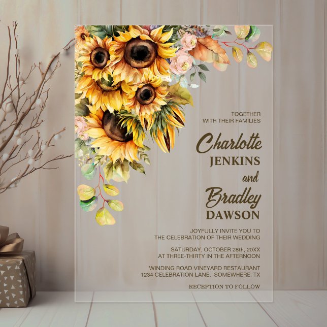 Invitations En Acrylique Mariage de tournesol rustique (Créateur téléchargé)