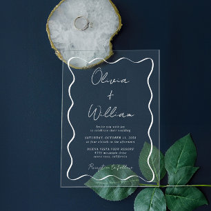 Invitations En Acrylique Mariage de trame Wavy Script blanc chic