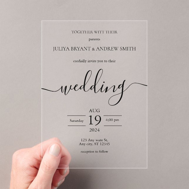 Invitations En Acrylique Mariage de typographie simple noir et blanc (In situ (ordinateur de poche))