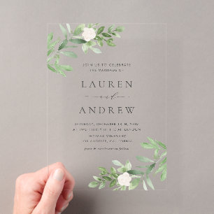 Invitations En Acrylique Mariage de verdure romantique et de fleurs blanche