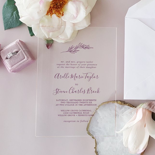 Invitations En Acrylique Mariage de verdure végétal à feuilles minimes (Minimal Leaf Eggplant Boho Formal Greenery Wedding Acrylic Invitations)