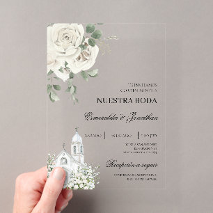 Invitations En Acrylique Mariage d'église espagnol floral blanc en acryliqu