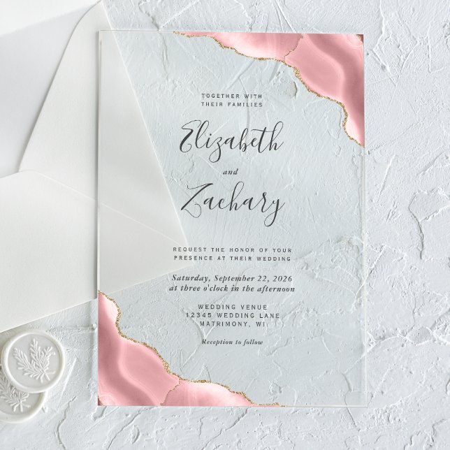 Invitations En Acrylique Mariage des coins d'âge or rose vif moderne (Créateur téléchargé)