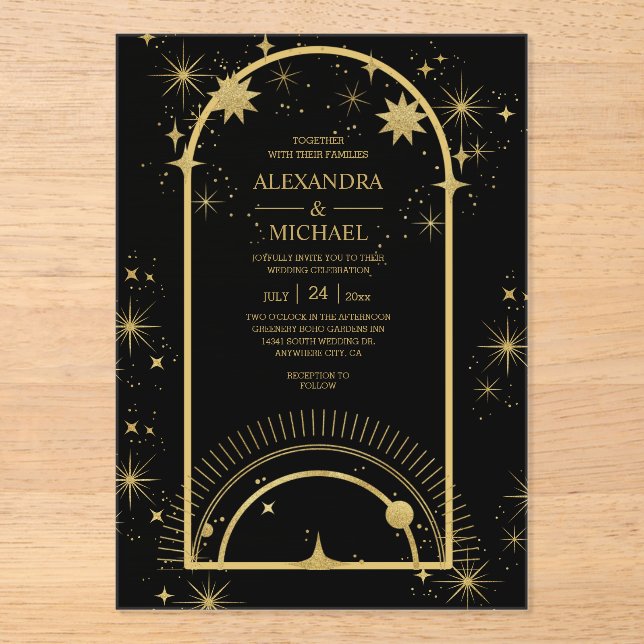 Invitations En Acrylique Mariage des étoiles célestes mystiques d'or noir (Recto)