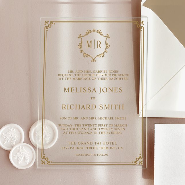 Invitations En Acrylique Mariage d'or monogramme minimum (Créateur téléchargé)