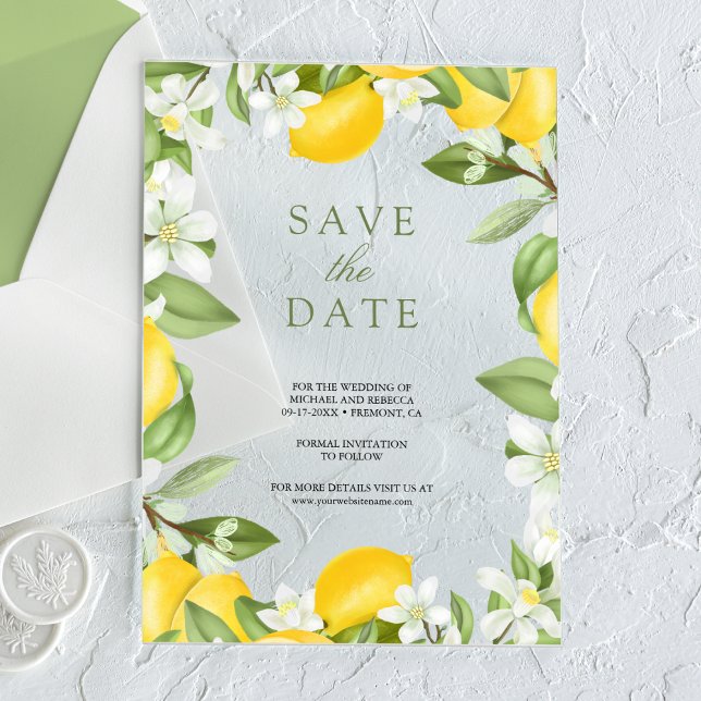 Invitations En Acrylique Mariage du citron Citrus Orchard Enregistrer la da (Créateur téléchargé)