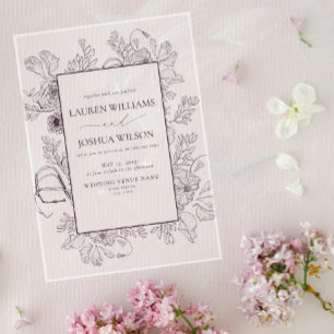 Invitations En Acrylique Mariage Élégant à la ligne d'art florale prune pou
