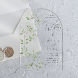 Invitations En Acrylique Mariage élégant aux feuilles vertes modernes
