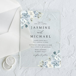 Invitations En Acrylique Mariage Élégant aux Fleurs Bleu Poussiéreux
