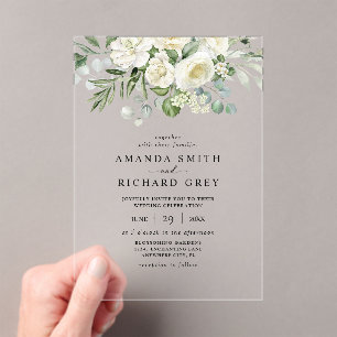 Invitations En Acrylique Mariage Élégant aux Fleurs d'Ivoire et à la Verdur