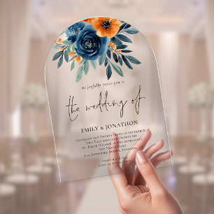 Invitations En Acrylique Mariage Élégant aux Florales Orange Brûlé et Marin