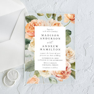Invitations En Acrylique Mariage Élégant aux Pétales de Rose et Crème