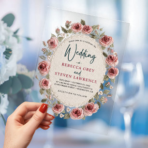 Invitations En Acrylique Mariage Élégant avec Cadre Floral de Lilas Rose