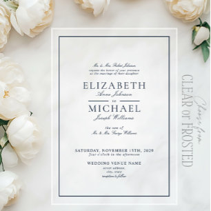 Invitations En Acrylique Mariage élégant bleu marine écriture classique