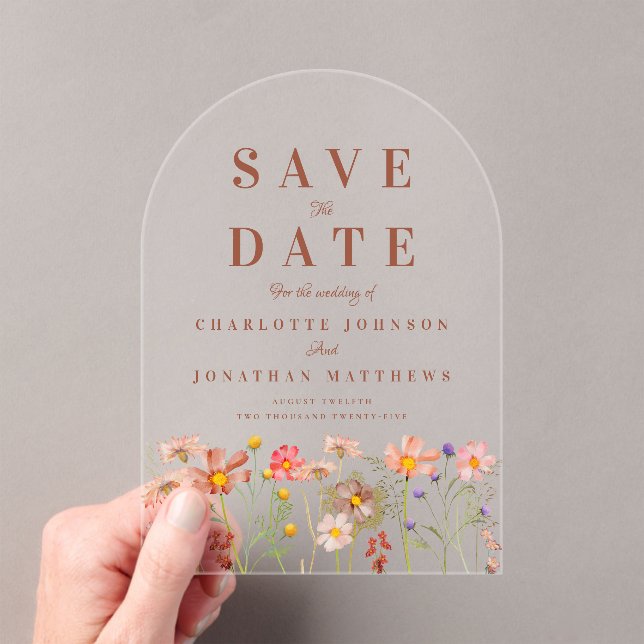 Invitations En Acrylique Mariage Élégant Bohème dans une Prairie de Fleurs  (In situ (ordinateur de poche))