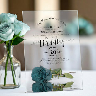 Invitations En Acrylique Mariage élégant calligraphié à la rose sarcelle