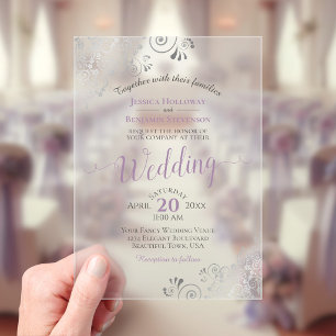 Invitations En Acrylique Mariage Élégant Calligraphie Lavande & Argent
