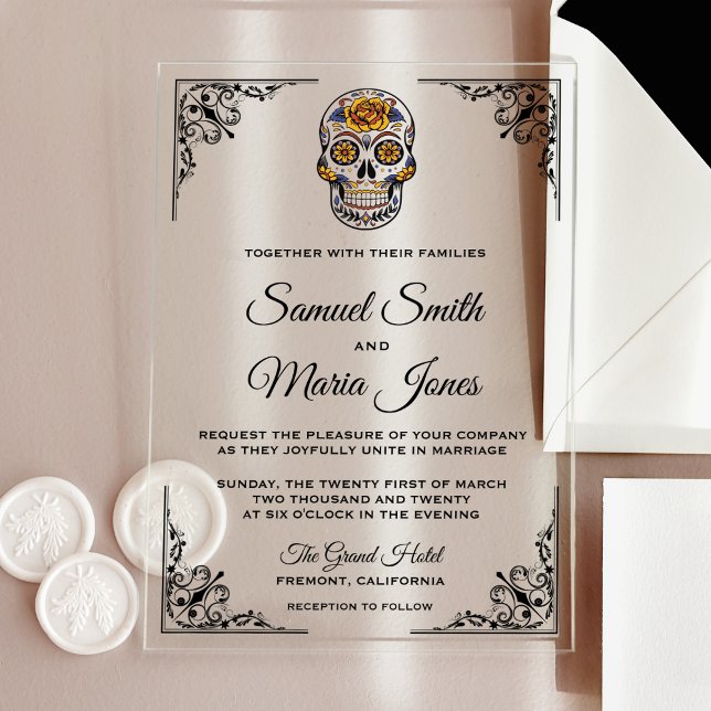 Invitations En Acrylique Mariage Élégant Crâne de Sucre Floral (Créateur téléchargé)