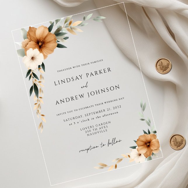 Invitations En Acrylique Mariage Élégant Cuivre & Botanique Terreux (Elegant Copper & Earthy Botanical Wedding Acrylic Invitations)