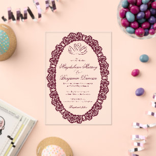 Invitations En Acrylique Mariage élégant cygne burgundy dentelle ivoire vic
