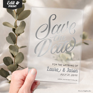 Invitations En Acrylique Mariage élégant Enregistrer la date Texte argenté 