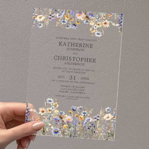 Invitations En Acrylique Mariage Élégant Fleur Sauvage Bleu Poussiéreux Aqu