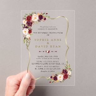Invitations En Acrylique Mariage Élégant Fleurs Bourguignon Rose Marbre Or