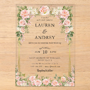 Invitations En Acrylique Mariage Élégant Fleurs Roses Tendres Moderne