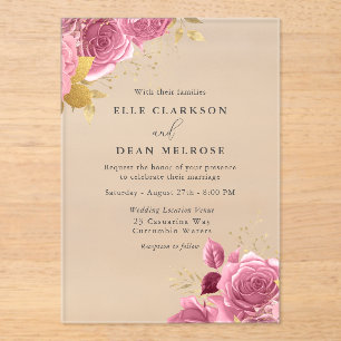 Invitations En Acrylique Mariage Élégant Floral Rose Pâle & Or