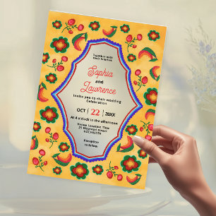 Invitations En Acrylique Mariage élégant mexicain vibrant jaune bleu