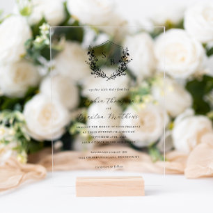 Invitations En Acrylique Mariage Élégant Monogramme à Crête Florale Noir Bl