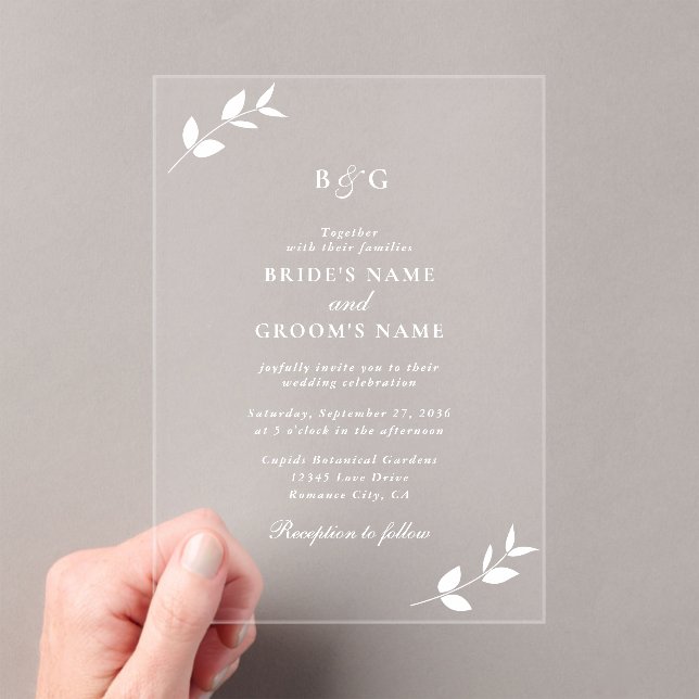Invitations En Acrylique Mariage Élégant Monogramme de Feuilles transparent (In situ (ordinateur de poche))