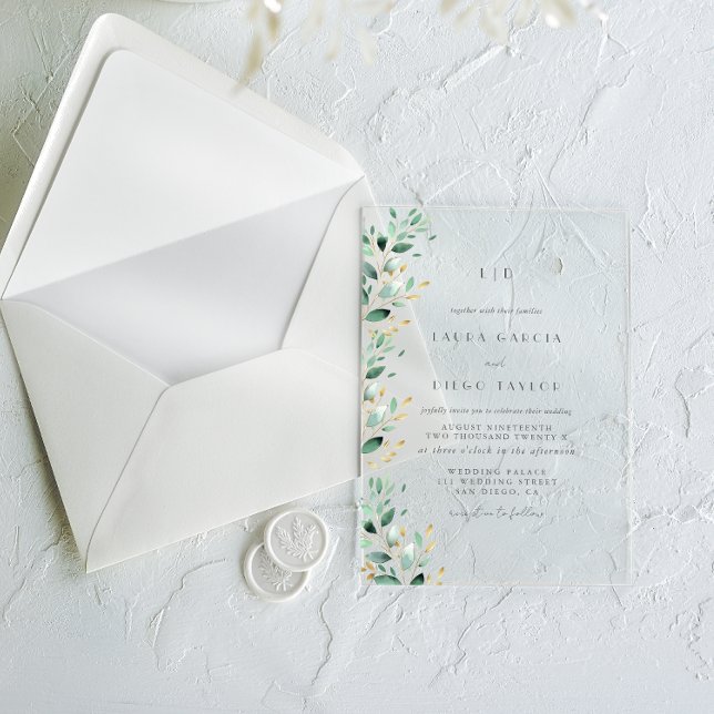 Invitations En Acrylique Mariage Élégant Monogramme Feuilles Vertes (Créateur téléchargé)