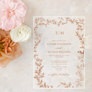 Invitations En Acrylique Mariage Élégant Monogramme Orange Brûlé Feuille Mi