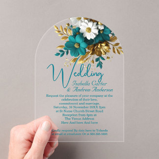 Invitations En Acrylique Mariage Élégant Orné Fleurs Sarcelle Blanc Or