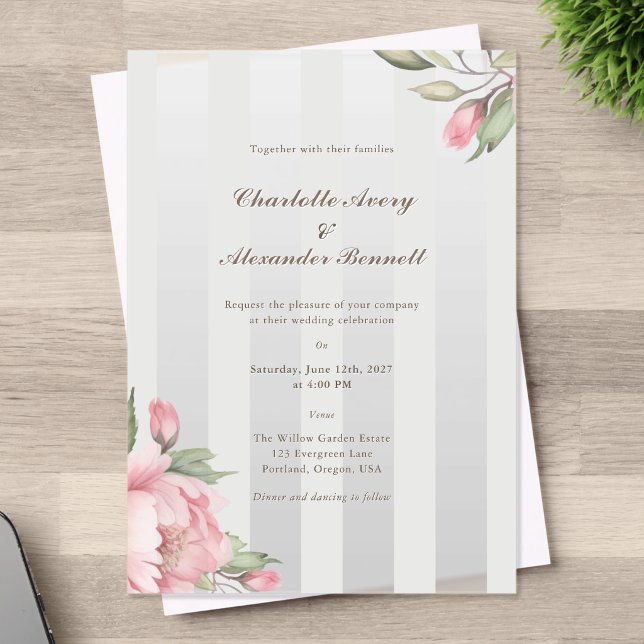 Invitations En Acrylique Mariage Élégant – Pivoine Rose & Rayures Gris Clai (Créateur téléchargé)