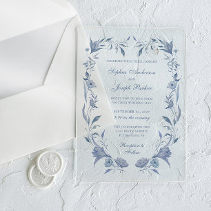 Invitations En Acrylique Mariage Élégant Poussiéreux Bleu Chinoiserie