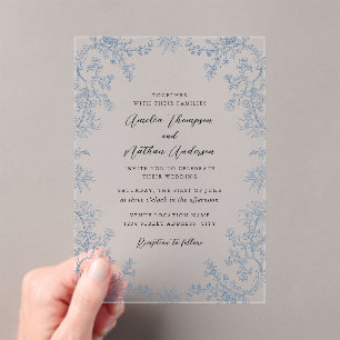 Invitations En Acrylique Mariage Élégant Poussiéreux en Dentelle Fleurie Bl