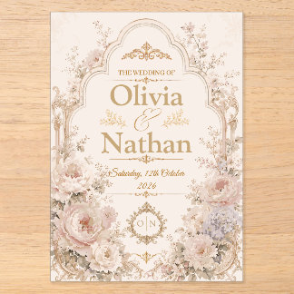 Invitations En Acrylique Mariage Élégant Rose Pâle et Or Floral Vintage