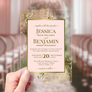 Invitations En Acrylique Mariage Élégant Rose Poudré & Or Texte de Style