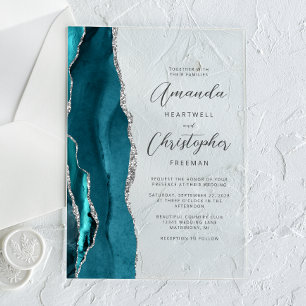 Invitations En Acrylique Mariage élégant sarcelle argent agate écriture