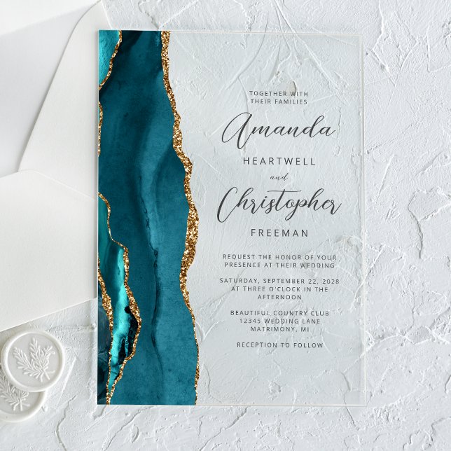 Invitations En Acrylique Mariage élégant sarcelle or agate script (Créateur téléchargé)