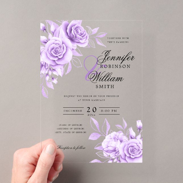 Invitations En Acrylique Mariage élégant Violet Rose thème floral (In situ (ordinateur de poche))