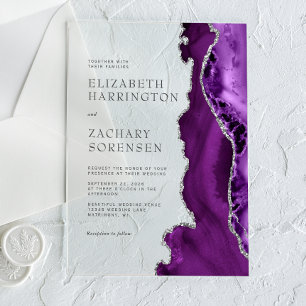 Invitations En Acrylique Mariage en Agate Argent Violet
