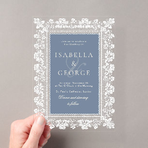 Invitations En Acrylique Mariage en bleu ardoise poussiéreux avec dentelle